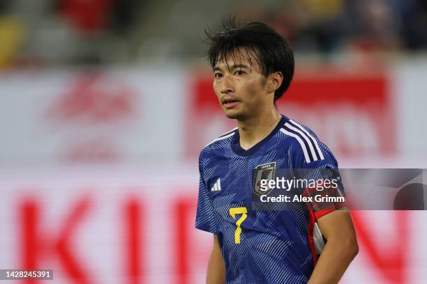 Gaku Shibasaki of Japan reacts during the international friendly match between Japan and Ecuador at Merkur Spiel Arena on September 27, 2022 in...