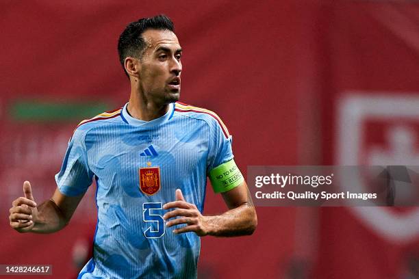 Sergio Busquets of Spain looks on during the UEFA Nations League A Group 2 match between Portugal and Spain at Estadio Municipal de Braga on...