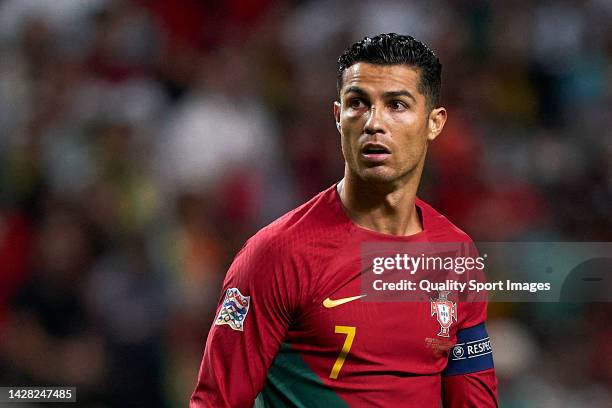 Cristiano Ronaldo of Portugal looks on during the UEFA Nations League A Group 2 match between Portugal and Spain at Estadio Municipal de Braga on...