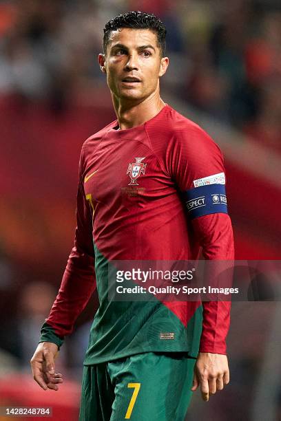 Cristiano Ronaldo of Portugal looks on during the UEFA Nations League A Group 2 match between Portugal and Spain at Estadio Municipal de Braga on...