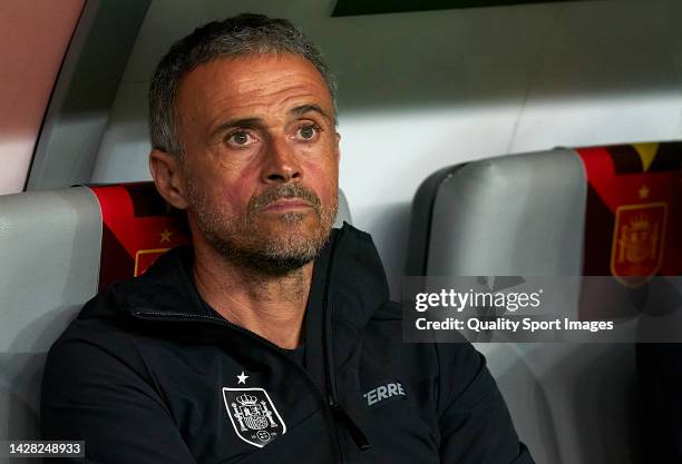 Luis Enrique Martinez, Head Coach of Spain looks on prior to the UEFA Nations League A Group 2 match between Portugal and Spain at Estadio Municipal...