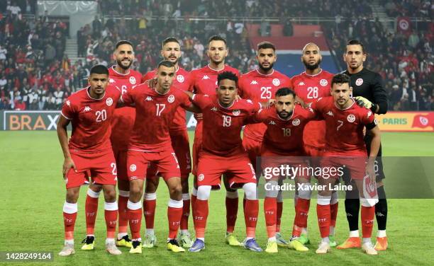 Players of Team Tunisia pose before the friendly game between Brazil and Tunisia at Parc des Princes on September 27, 2022 in Paris, France.