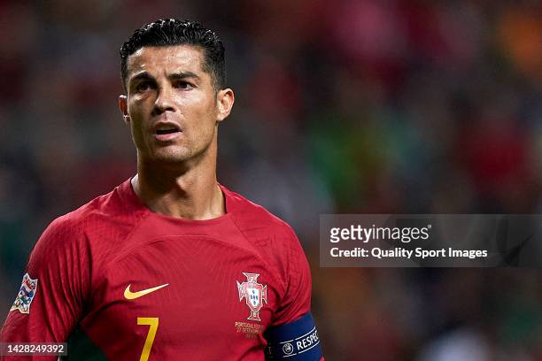 Cristiano Ronaldo of Portugal looks on during the UEFA Nations League A Group 2 match between Portugal and Spain at Estadio Municipal de Braga on...