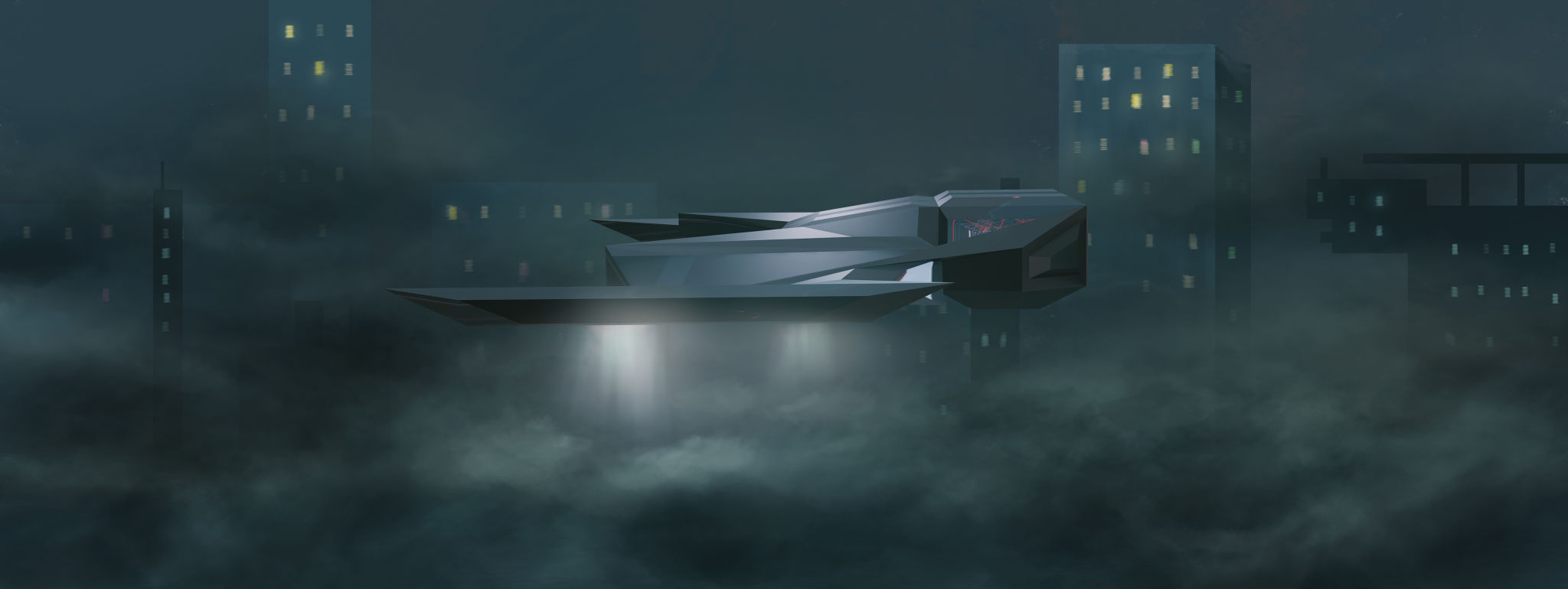 A spaceship sideways landing in a night city with a billowing cloud of smoke. Modern futuristic 3D illustration background A spaceship sideways landing in a night city with a billowing cloud of smoke. Modern futuristic 3D illustration background