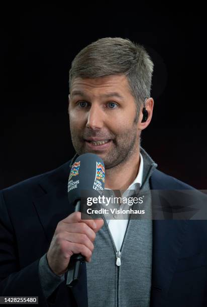 Former Germany midfielder Thomas Hitzlsperger working as a television pundit prior to the UEFA Nations League League A Group 3 match between England...