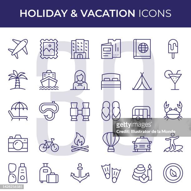 bildbanksillustrationer, clip art samt tecknat material och ikoner med holiday and vacation line icons - map monde vector