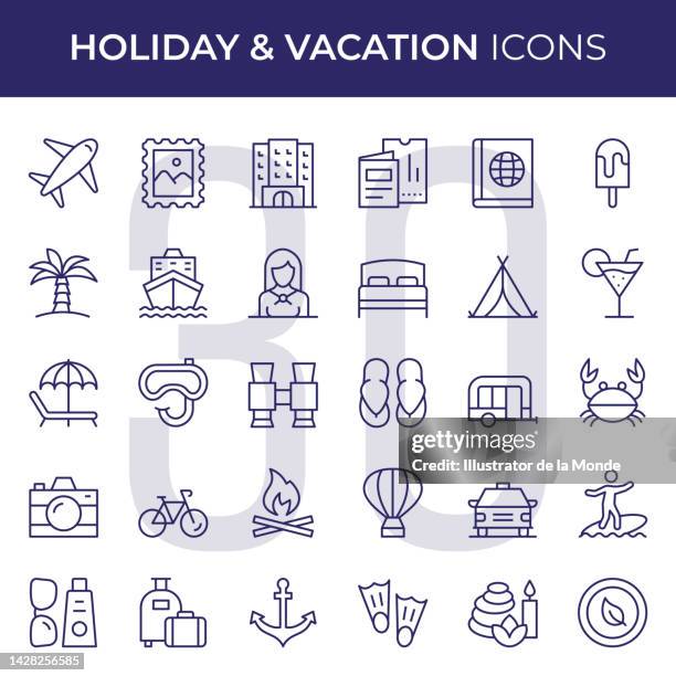 holiday and vacation line icons - beach holiday stock illustrations