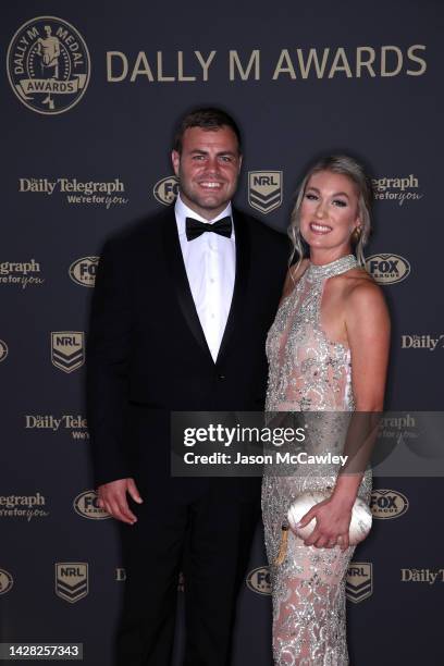 Wade Graham of the Sharks and his wife Karianne Graham arrive ahead of the 2022 Dally M Awards at The Winx Stand, Royal Randwick Racecourse on...