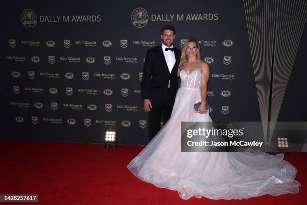 Emma Tonegato of the Dragons and her partner arrive ahead of the 2022 Dally M Awards at The Winx Stand, Royal Randwick Racecourse on September 28,...