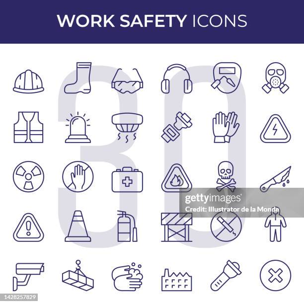 ilustrações de stock, clip art, desenhos animados e ícones de work safety line icons - safety kit