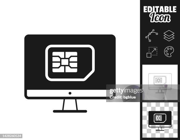 desktop computer with sim card. icon for design. easily editable - computer chip close up stock illustrations