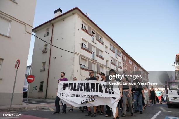 Several people demonstrate during the celebration of the 'Ospa Eguna', September 3 in Altsasu, Navarra, Spain. The Ospa Eguna, Day of Departure,...