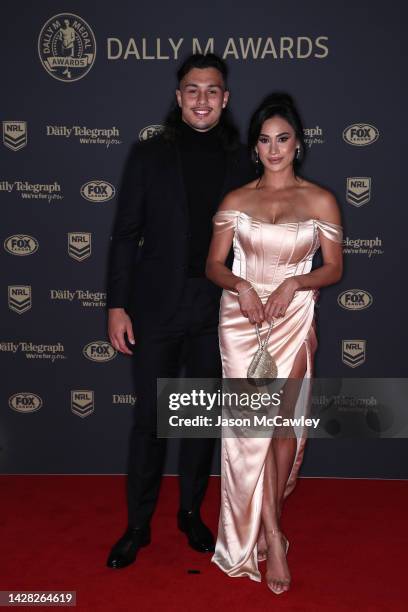 Tino Fa'asuamaleaui of the Titans and his partner arrive ahead of the 2022 Dally M Awards at The Winx Stand, Royal Randwick Racecourse on September...