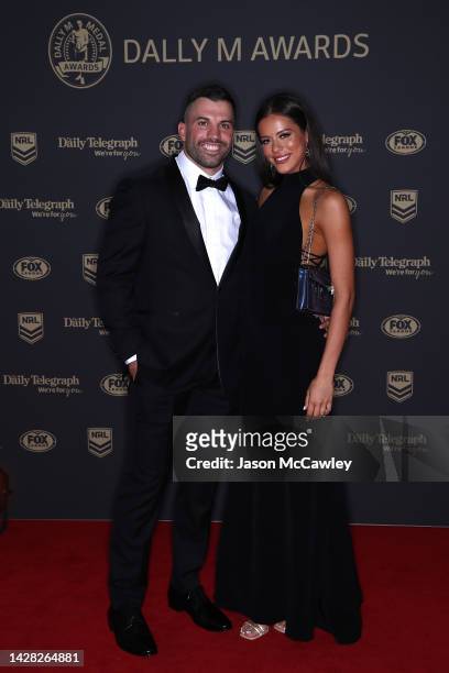 James Tedesco of the Roosters and his partner Maria Glinellis arrive ahead of the 2022 Dally M Awards at The Winx Stand, Royal Randwick Racecourse on...