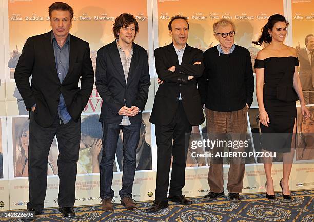 Actor Alec Baldwin, US actor Jesse Eisenberg, Italian actor Roberto Benigni, US film director Woody Allen and Spanish actress Penelope Cruz pose...