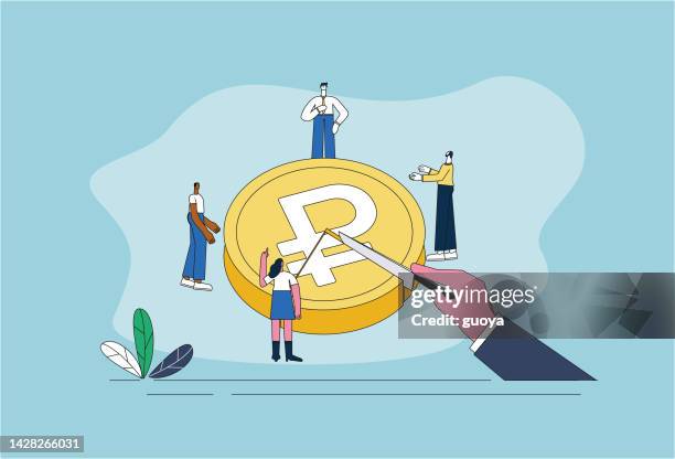businessmen divide the russian ruble cake. - hand holding piece of cake stock illustrations