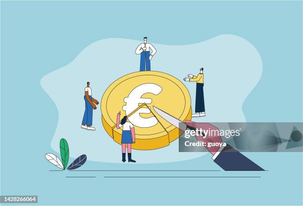 ilustraciones, imágenes clip art, dibujos animados e iconos de stock de los empresarios dividen el pastel del euro. - dividir
