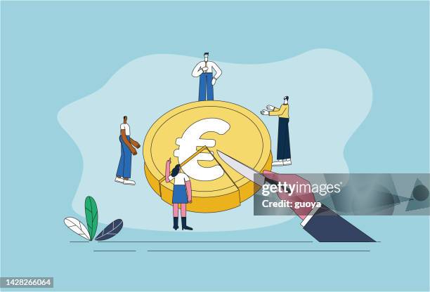 illustrazioni stock, clip art, cartoni animati e icone di tendenza di gli uomini d'affari dividono la torta dell'euro. - dividere