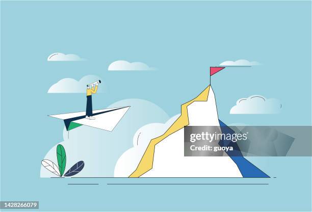 white collar, telescope, paper plane, mountain, target. - forecasting illustration stock illustrations