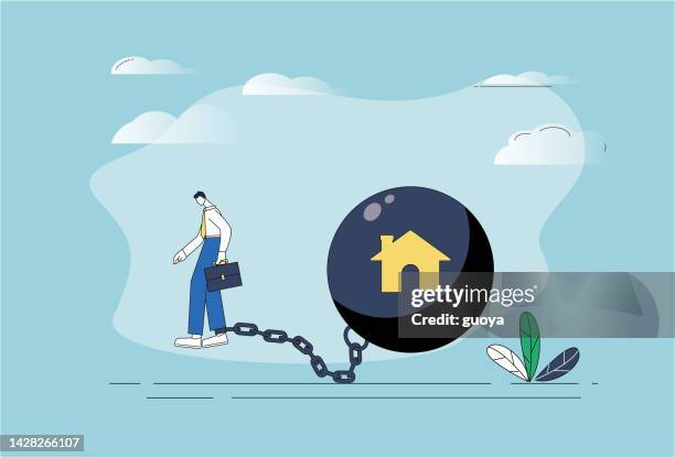 man chained with iron ball, mortgage. - defeat fear stock illustrations