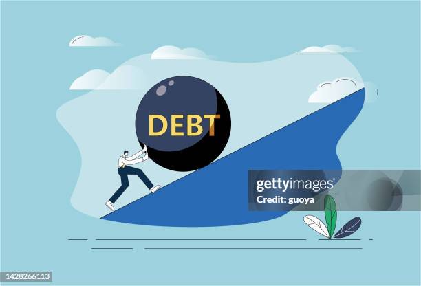 bildbanksillustrationer, clip art samt tecknat material och ikoner med the businessman crawls upwards pushing the heavy iron ball of debt. - human role