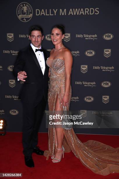 Ben Hunt of the Dragons and his wife Bridget Hunt arrive ahead of the 2022 Dally M Awards at The Winx Stand, Royal Randwick Racecourse on September...