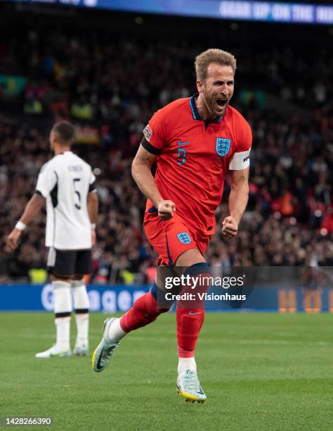 Harry Kane celebrates scoring England's third goal during the UEFA Nations League League A Group 3 match between England and Germany at Wembley...