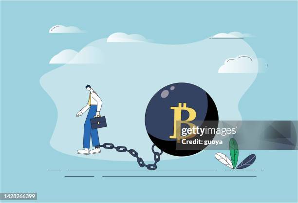 the man is chained by an iron ball, bitcoin. - trigger lock stock illustrations