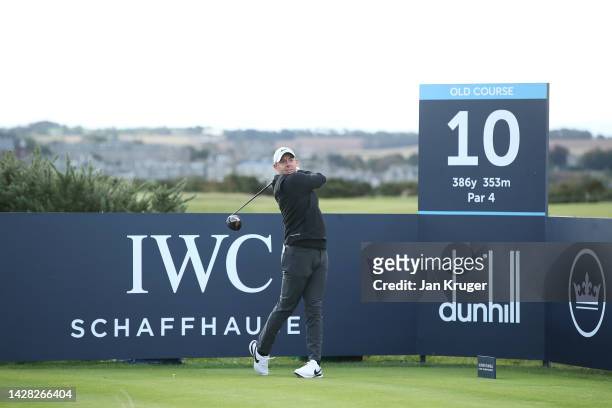 Rory McIlroy of Northern Ireland tees off on the 10th hole during a practice round prior to the Alfred Dunhill Links Championship on the Old Course...