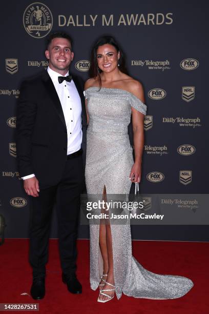 Adam Elliott of the Raiders and Millie Boyle of the Knights arrive ahead of the 2022 Dally M Awards at The Winx Stand, Royal Randwick Racecourse on...