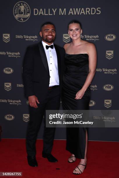 Isaiah Papali'i of the Eels and his partner Elle Temu arrive ahead of the 2022 Dally M Awards at The Winx Stand, Royal Randwick Racecourse on...