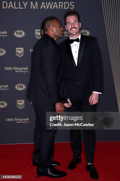 Junior Paulo of the Eels and Clinton Gutherson of the Eels arrive ahead of the 2022 Dally M Awards at The Winx Stand, Royal Randwick Racecourse on...