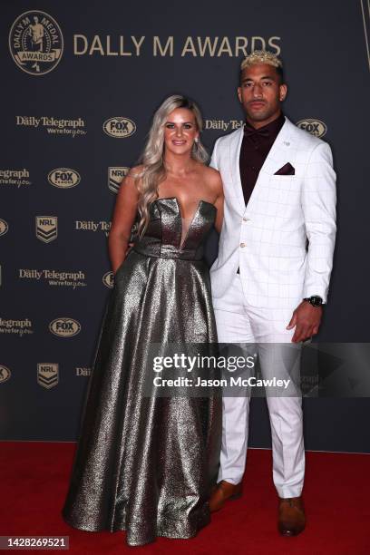 Viliame Kikau of the Panthers and his partner Brittany Carey arrive ahead of the 2022 Dally M Awards at The Winx Stand, Royal Randwick Racecourse on...