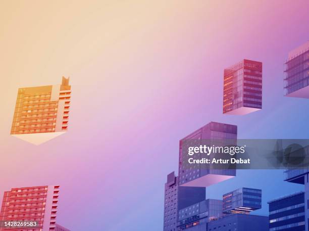 city skyline with building blocks levitating like 3d puzzle. - mancanza di gravità foto e immagini stock