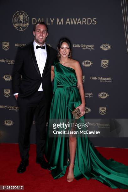 Isaah Yeo of the Panthers and his wife Ashley Camenzuli arrive ahead of the 2022 Dally M Awards at The Winx Stand, Royal Randwick Racecourse on...