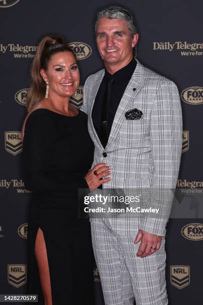 Panthers coach Ivan Cleary and his wife Rebecca Cleary arrive ahead of the 2022 Dally M Awards at The Winx Stand, Royal Randwick Racecourse on...