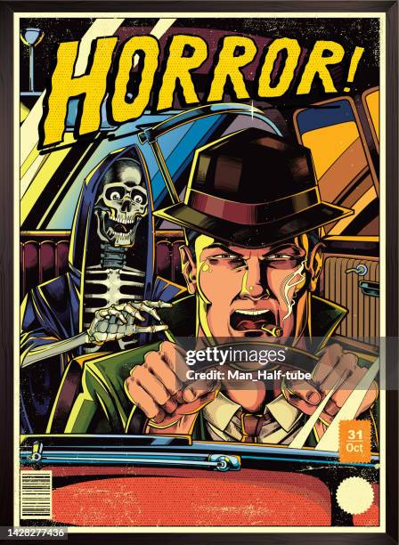 ilustraciones, imágenes clip art, dibujos animados e iconos de stock de póster de cómic de terror vintage con conductor y muerte, estilo detective noir - scary movie poster