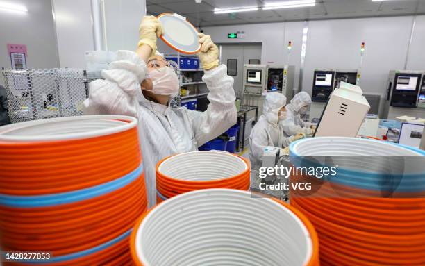 An employee works on the production line of semiconductor wafer at a factory of Jiangsu Azure Corporation Cuoda Group Co., Ltd. On September 27, 2022...