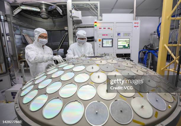 Employees work on the production line of semiconductor wafer at a factory of Jiangsu Azure Corporation Cuoda Group Co., Ltd. On September 27, 2022 in...