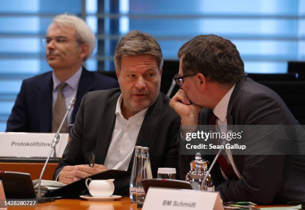 Economy and Climate Action Minister as well as Vice Chancellor Robert Habeck chats with Chancellery Minister Wolfgang Schmidt prior to the weekly...