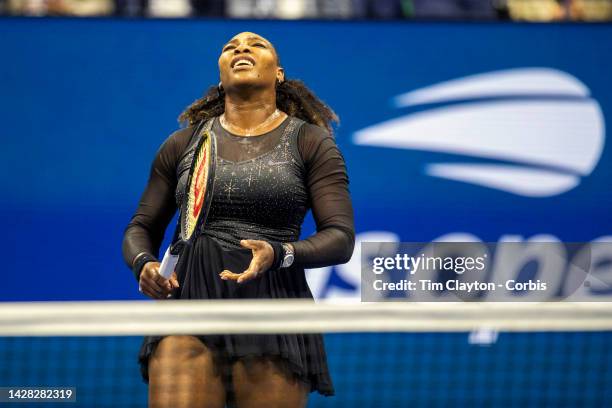 September 02: Serena Williams of the United States reacts during the Women's Singles third round match on Arthur Ashe Stadium during the US Open...