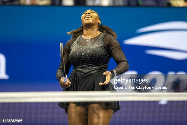 September 02: Serena Williams of the United States reacts during the Women's Singles third round match on Arthur Ashe Stadium during the US Open...