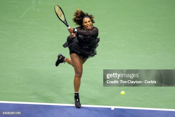 September 02: Serena Williams of the United States in action during the Women's Singles third round match on Arthur Ashe Stadium during the US Open...