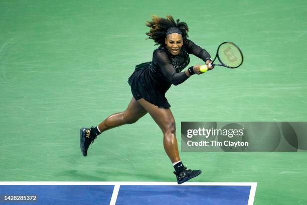 September 02: Serena Williams of the United States in action during the Women's Singles third round match on Arthur Ashe Stadium during the US Open...