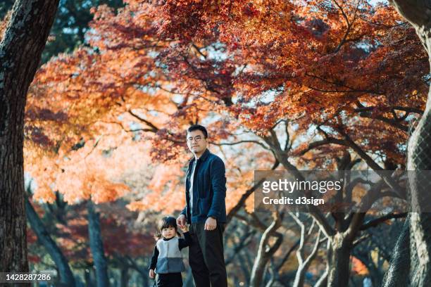 portrait of a loving young asian father holding hands of adorable little daughter, spending time together and enjoying the beautiful nature scenics under autumn leaves in nature park on a sunny day - daily life in kyoto stock-fotos und bilder
