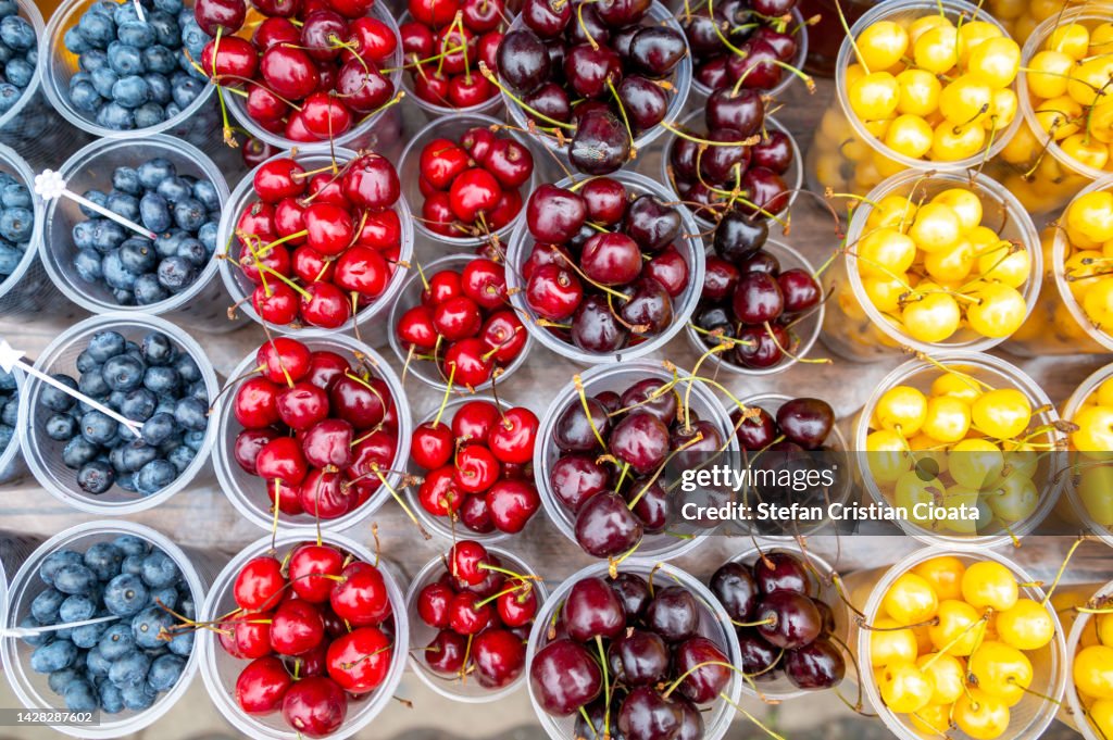 Fresh organic colorful cherries for sale in Batumi, Georgia