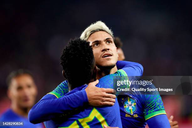 Pedro Guilherme Abreu dos Santos of Brazil celebrates after scoring their side's fifth goal with his teammate Vinicius Junior during the...