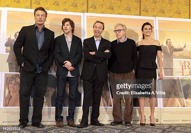 Actors Alec Baldwin, Jesse Eisenberg, Roberto Benigni, director Woody Allen and actress Penelope Cruz attend 'To Rome With Love' photocall at Hotel...
