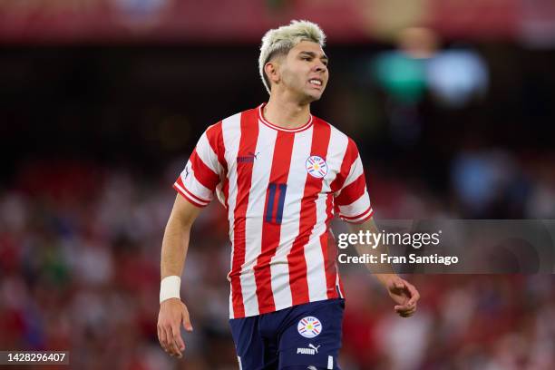 Julio Enciso of Paraguay reacts during a friendly match between Paraguay and Morocco at Estadio Benito Villamarin on September 27, 2022 in Seville,...