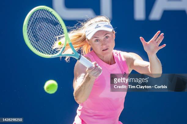September 01: Aliaksandra Sasnovich of Belarus in action during the Women's Singles second round match on Louis Armstrong Stadium during the US Open...